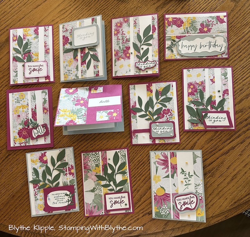 Finished cards emphasizing a since pieces of DSP, cut into 3 pieces